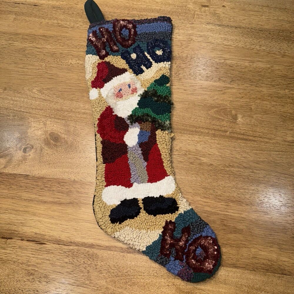 Wool Hook & Loop Santa HO HO HO Sugar Plum Lane‎ 22” Christmas Stocking